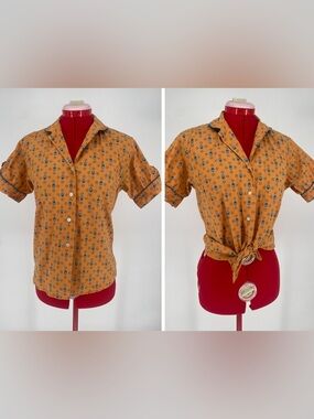 50s 60s Shapely Classic “Completely Washable” Orange Blue Feedsack Floral Print